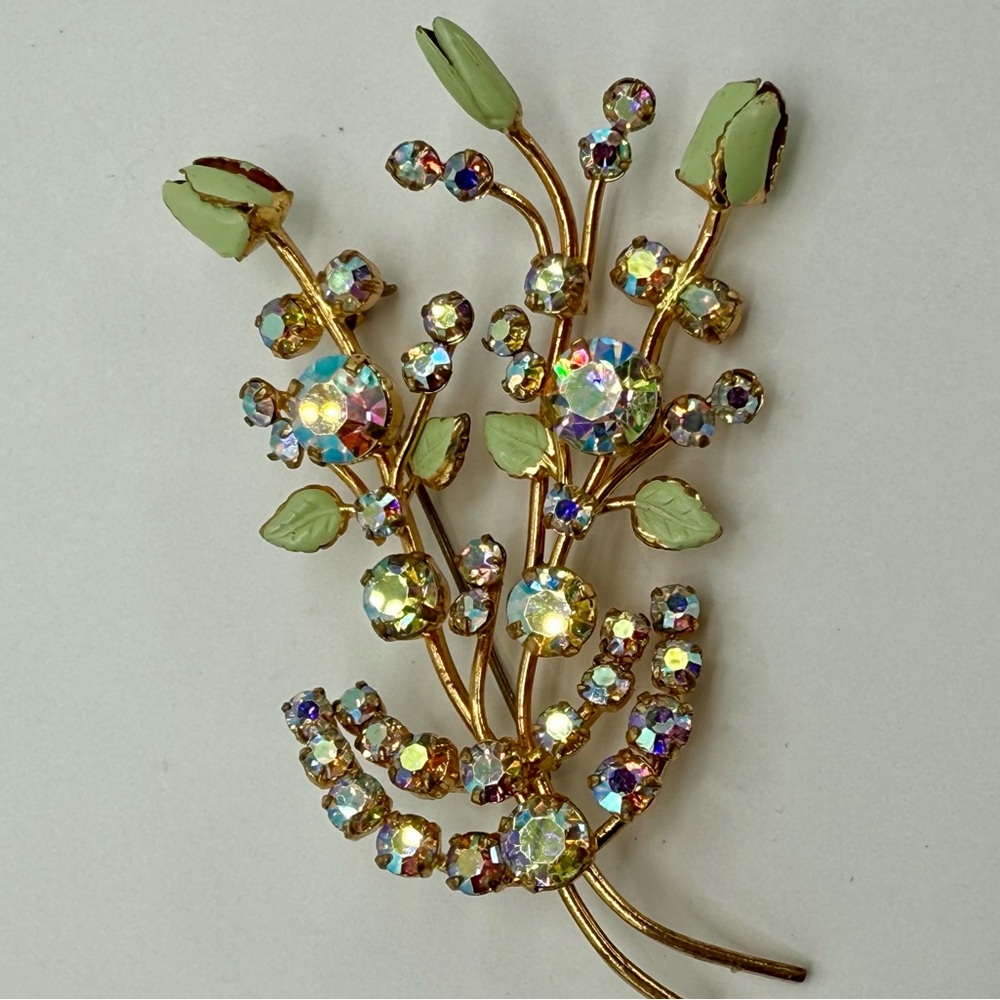 Vintage Austria Floral Bouquet Aurora Borealis Enamel Brooch Pin 3”